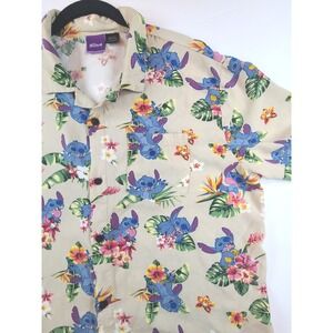 Disney Stitch Mens XL Hawaiian Shirt XL Tan Floral Lilo Beach Wear Camp Collar